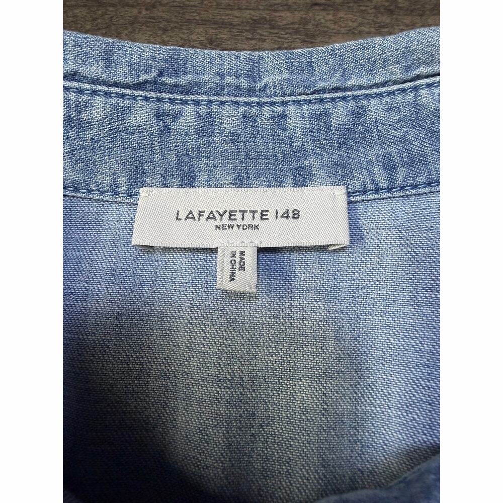 Lafayette 148 New York Denim Chambray Patch Pocket Button Up Shirt - Picture 3 of 6
